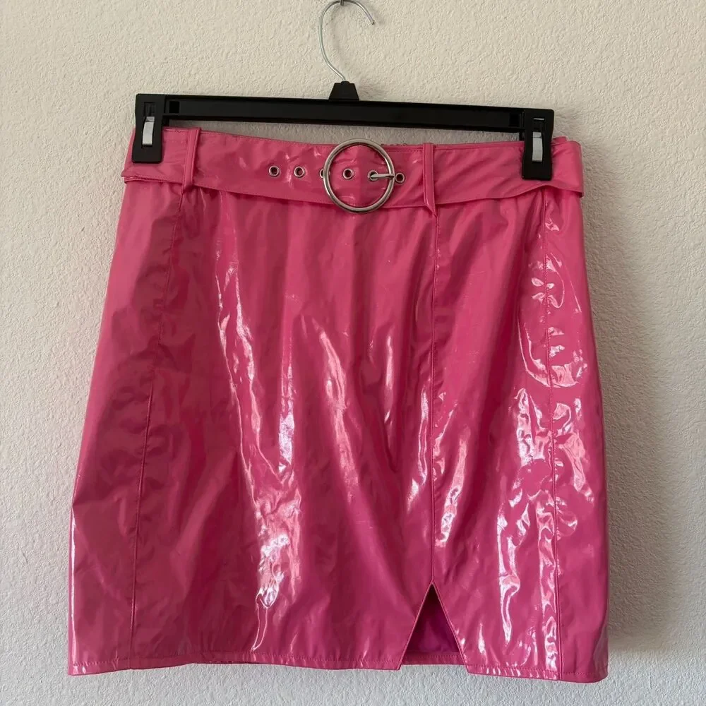 Hours Pink Vinyl Mini Skirt Belted High Waist Glossy‎ Slit Size S Retro Festival